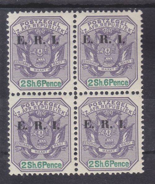 1901-02 ++ "E.R.I." OVPT ++ 2/6 DULL VIOLET & GREEN ++ BLOCK OF 4 ++ MNH ++ C/V R880 ++ SACC 248