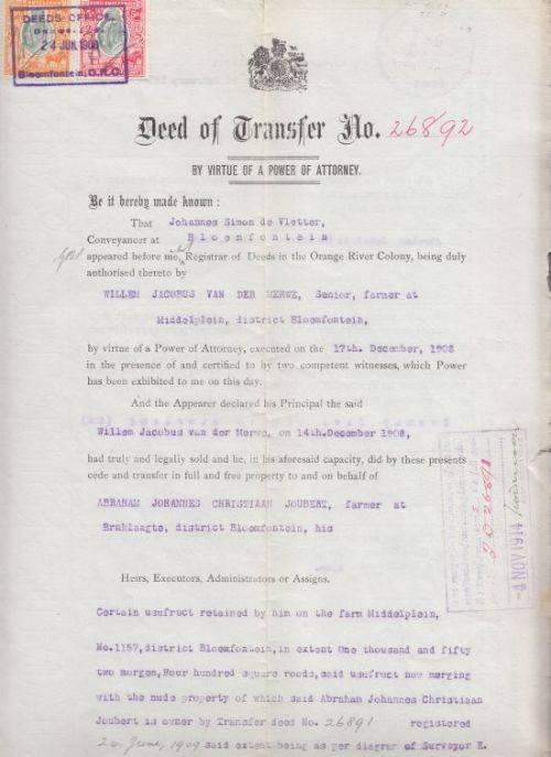 DEED OF TRANSFER ++ 1909 ++ KE VII ++ 10s & 5s MIDDELPLEIN BLOEMFONTEIN ++ SEE SCANS BELOW