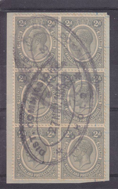 NYASALAND ++ REVENUE ++ KG V ++ 2d GREY ++ BLOCK OF 6 ++ FU - 1933 ++ SEE SCANS BELOW