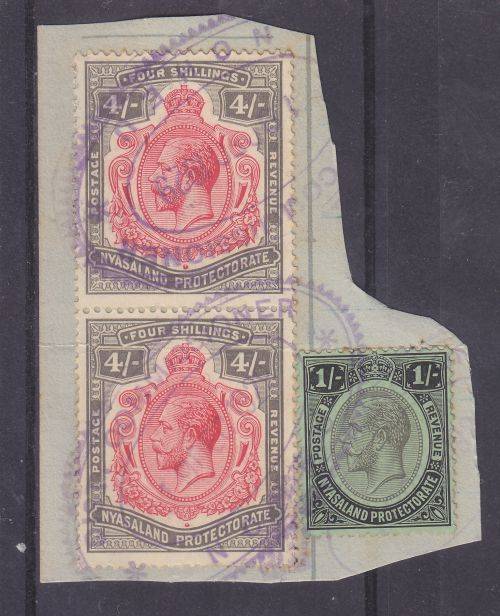 NYASALAND ++ REVENUE ++ KG V ++ 1s & 4s (PAIR) ON PIECE ++ FU - 1929 ++ SEE SCAN BELOW