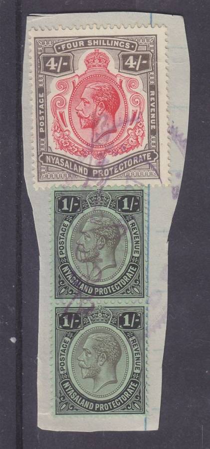 NYASALAND ++ REVENUE ++ KG V ++ 1s (PAIR) & 4s - FU ON PIECE ++ SEE SCAN BELOW