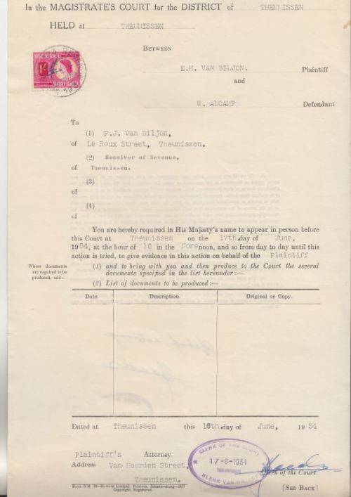 SUBPOENA ++ 1954 ++ QE II ++ 1s RED & YELLOW-BROWN ++ "THEUNISSEN" ++ SEE SCAN BELOW
