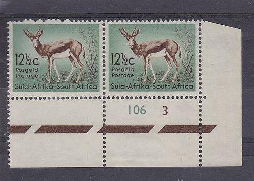 1961 ++ 12 1/2c "SPRINGBOK" ++ MARG PAIR WITH CYL NO - SEE BELOW ++ MNH ++ SACC 193