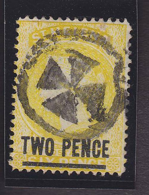 ST HELENA ++ 1864-80 ++ QV ++ "TWO PENCE" SURCHARGE ON 6d YELLOW (TYPE B) ++ FU ++ SG 9