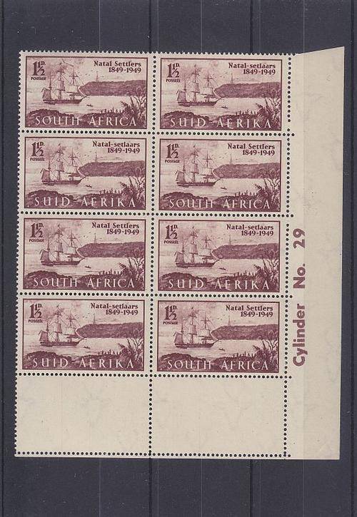 1949 ++ "CENT SETTLERS" ++ C/BLOCK OF 8 - WITH VAR "STREAMER ATTCHED" - SEE SCANS BELOW