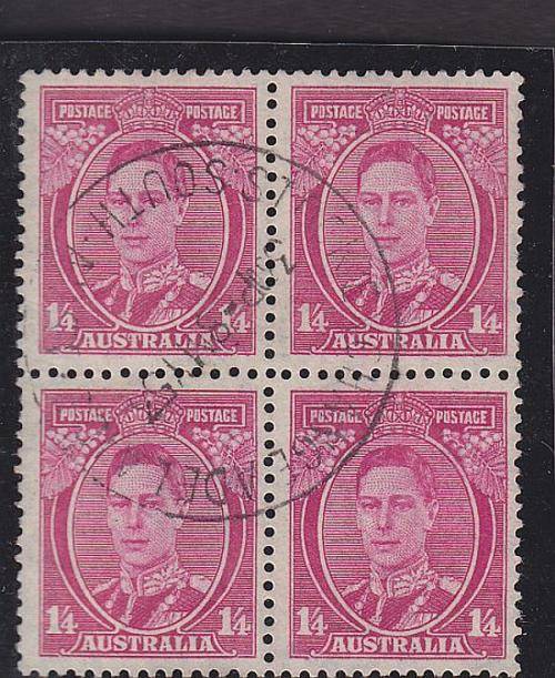 1937-49 ++ KG VI ++ 1/4 PALE MAGENTA ++ BLOCK OF 4 ++ VFU ++ SG 175