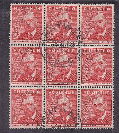1948 ++ WILLIAM J FARRER (WHEAT RESEARCH) ++ 2 1/2d SCARLET ++ BLOCK OF 9 ++ VFU ++ SG 225