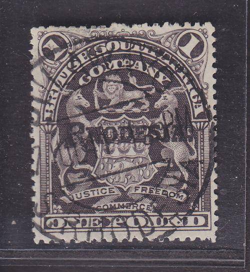 1909 ++ ÃÂ£1 GREY-PURPLE OVPT "RHODESIA" ++ FU ++ C/V R1250 ++ SACC 110