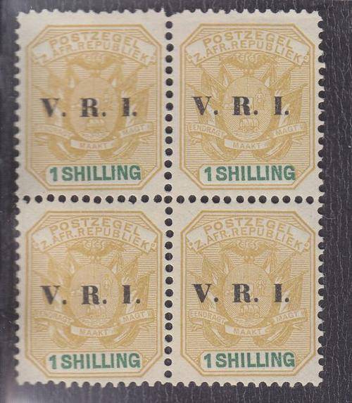 1900 ++ "V.R.I." OVPT ++ 1s OCHRE & GREEN ++ BLOCK OF 4 ++ MNH ++ C/V R440 ++ SACC 239