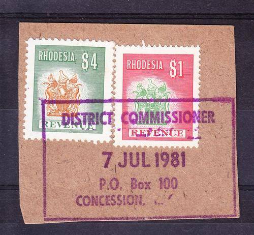 RHODESIA + REVENUE + 1981 + $4 & $1 + FU - DISTRICT COMMISIONER CONCESSION + C/V R125 + SEE BELOW
