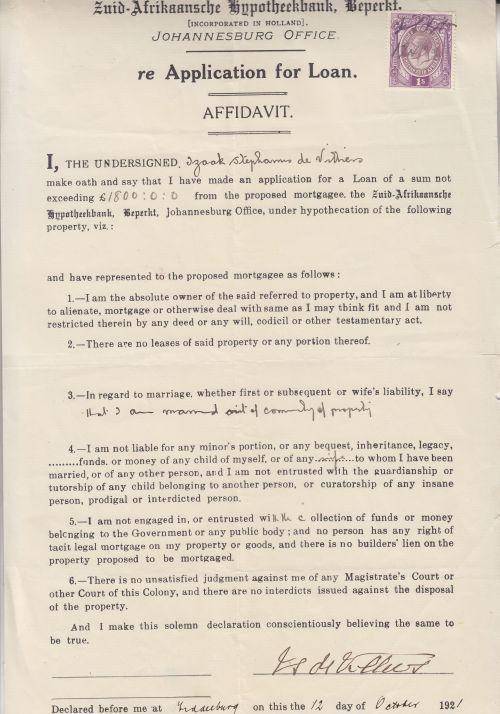 AFFIDAVIT ++ "ZUID-AFRIKAANSCHE HYPOTEEKBANK" - APPLICATION FOR LOAN ++ KG V 1s ++ SEE BELOW