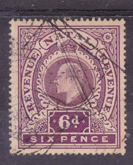 NATAL  REVENUE  1908  KE VII  6d DULL and BRIGHT PURPLE (REVENUE - REVENUE)  FU  BT 108
