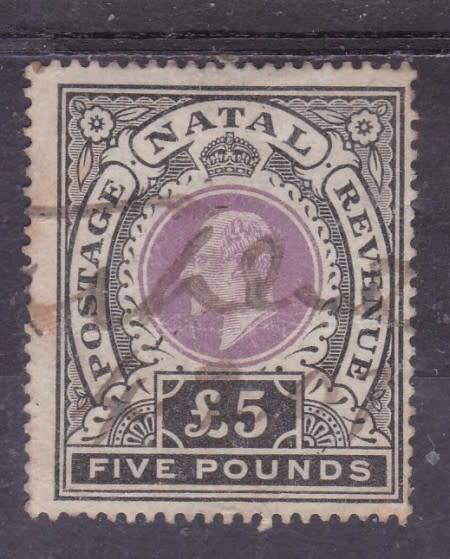 NATAL  REVENUE  KE VII  £5 BLACK and PURPLE  FU  BT 104