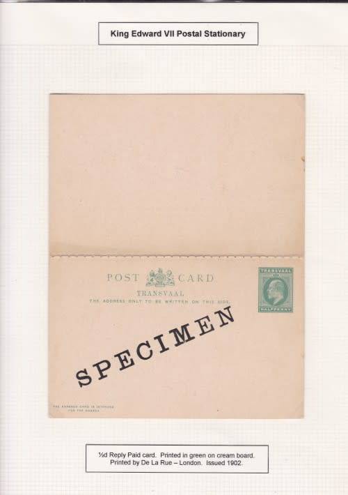 TVL, `SPECIMEN 1/2d REPLY PAID`, KE VII - PRINTED IN GREE AND CREAM BY DE LA RUE, SEE BELOW