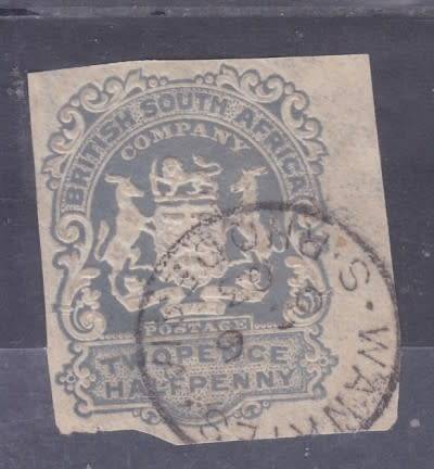 BSAC, `CUT OUT`. 2 1/2d GREY (ARMS), FU, SEE SCAN BELOW
