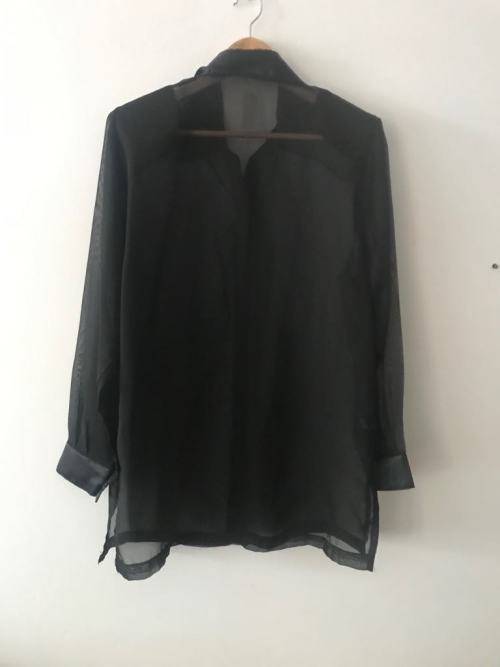 Black sheer button up top with shoulderpads SIZE 38/14