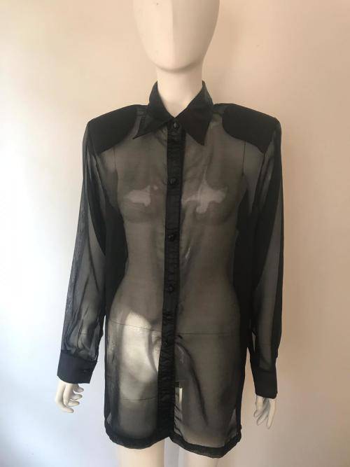 Black sheer button up top with shoulderpads SIZE 38/14