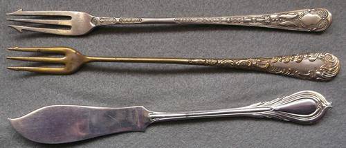 2 ANTIQUE, SILVER-PLATED PICKLE FORKS & BUTTER KNIFE - Please read listing!