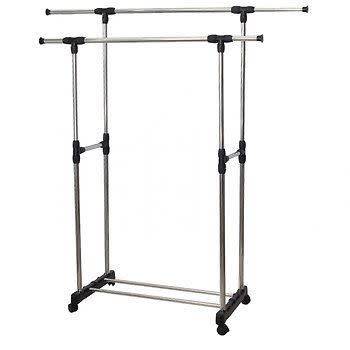 Double Pole Adjustable Portable Clothes Hanger Rolling Garment Rack