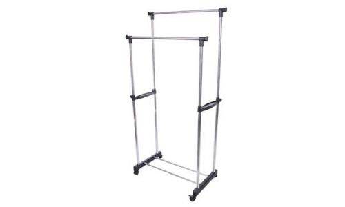 Double Pole Adjustable Portable Clothes Hanger Rolling Garment Rack