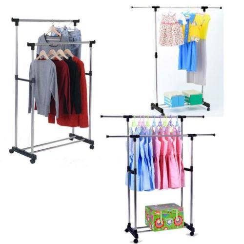 Double Pole Adjustable Portable Clothes Hanger Rolling Garment Rack