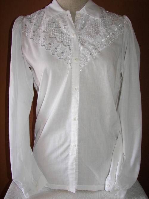 VINTAGE WHITE LACE ANGLAISE FRENCH IMPORTED COTTON LONG SLEEVE SHIRT SIZE 32