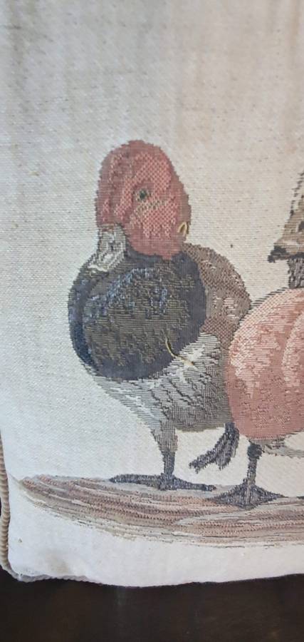 Finely woven Vintage `Duck motive`(muscovy) x3 cushions with inners excellent condition