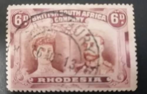 31) Rhodesia BSAC 1910 KG V 6d Double Head ,Very Fine used