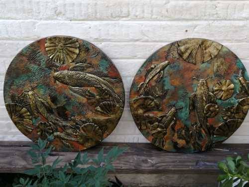 Koi Fish Relief Wall Art Garden Plaques - Bronze Finish - Set Of 2 - Weatherproof