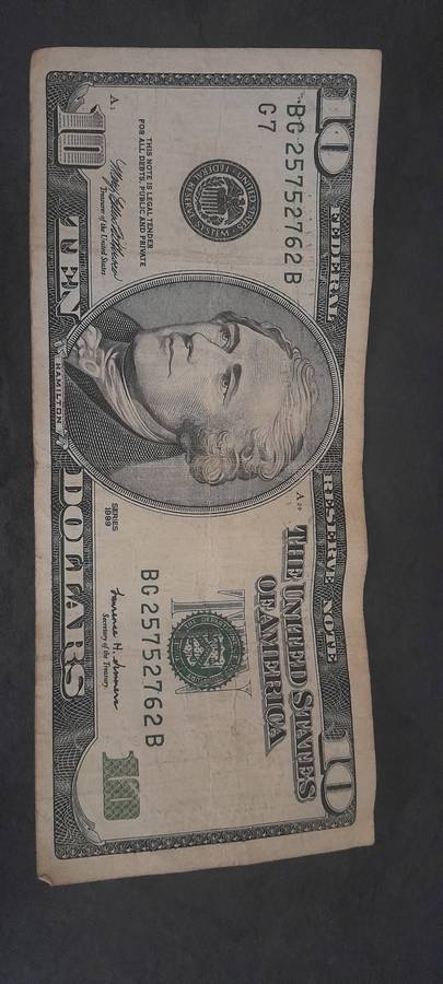 1999 TEN Dollar Bill $10 S/N BG 25752762B, 25 YEARS OLD