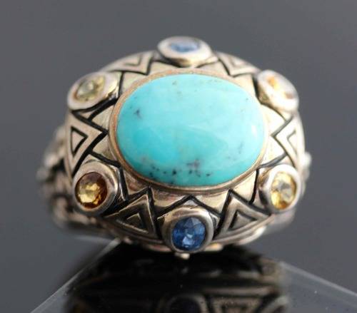 HEAVY VINTAGE TURQUOISE, SAPPHIRE AND CITRINE HAND-CRAFTED STERLING SILVER RING. 925 A HEAVY 10,80g!