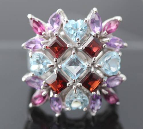 SPECTACULAR LARGE SQUARE MULTIPLE GEMSTONE STERLING SILVER RING. 925