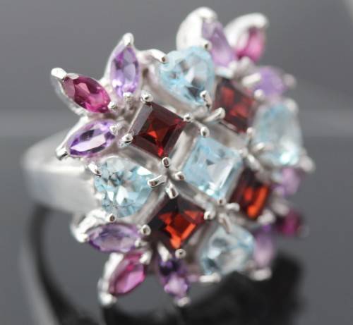 SPECTACULAR LARGE SQUARE MULTIPLE GEMSTONE STERLING SILVER RING. 925
