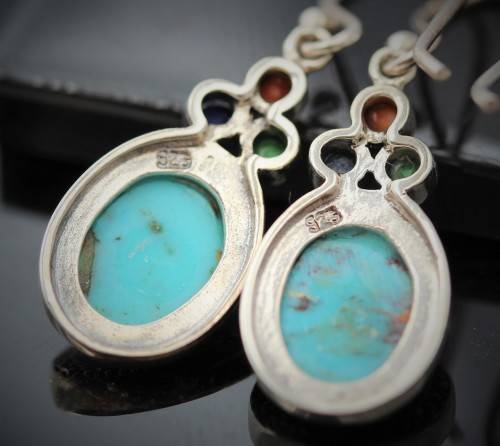 BEAUTIFUL FEMININE TURQUOISE, LAPIS LAZULI AND CORAL STERLING SILVER 925 EARRINGS REAL GEMSTONES