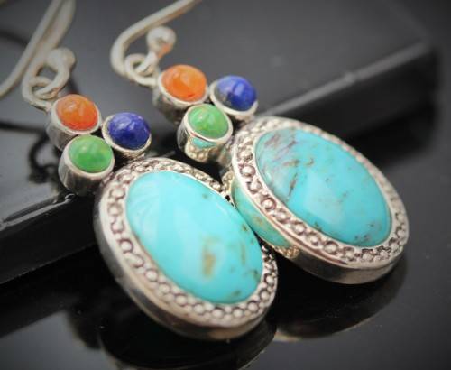 BEAUTIFUL FEMININE TURQUOISE, LAPIS LAZULI AND CORAL STERLING SILVER 925 EARRINGS REAL GEMSTONES