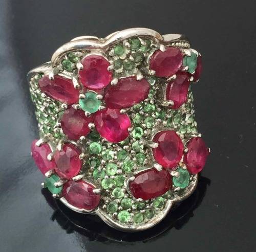 VERY LARGE VIBRANT RUBY, EMERALD, TSAVORITE GARNET STERLING SILVER RING FLORAL DESIGN LARGE! HEAVY!