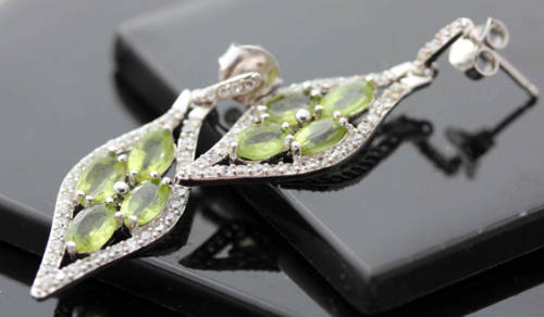 SHOWY LIME GREEN PERIDOT AND ICY CUBIC ZIRCONIA STERLING SILVER EARRINGS. 925. GLAMOUROUS DROPS!