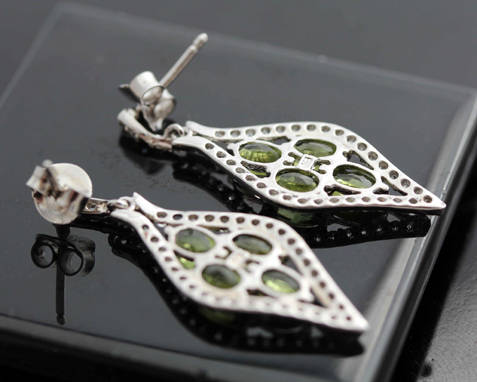 SHOWY LIME GREEN PERIDOT AND ICY CUBIC ZIRCONIA STERLING SILVER EARRINGS. 925. GLAMOUROUS DROPS!