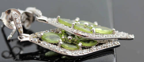SHOWY LIME GREEN PERIDOT AND ICY CUBIC ZIRCONIA STERLING SILVER EARRINGS. 925. GLAMOUROUS DROPS!