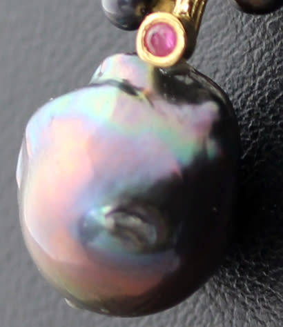 BLACK TAHITIAN BAROQUE PEARL AND NATURAL RUBY GOLD-HUED STERLING SILVER PENDANT ROPE CHAIN