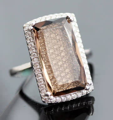 UNUSUAL RECTANGULAR SMOKY QUARTZ STERLING SILVER RING ON VISIBLE BED OF PAVE CRYSTALS