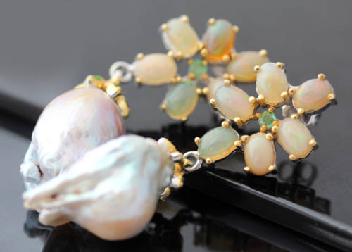 HANDMADE BAROQUE PEARL, FIRE OPAL AND EMERALD STERLING SILVER EARRINGS. BIG!