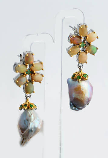 HANDMADE BAROQUE PEARL, FIRE OPAL AND EMERALD STERLING SILVER EARRINGS. BIG!