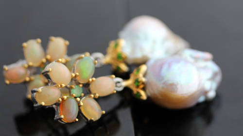 HANDMADE BAROQUE PEARL, FIRE OPAL AND EMERALD STERLING SILVER EARRINGS. BIG!