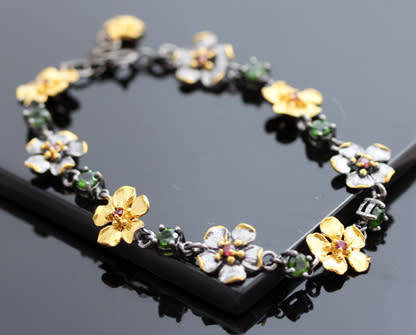 STERLING SILVER BRACELET WITH NATURAL CHROME DIOPSIDE & PINK TOURMALINE GEMSTONES