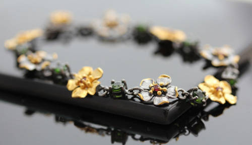 STERLING SILVER BRACELET WITH NATURAL CHROME DIOPSIDE & PINK TOURMALINE GEMSTONES