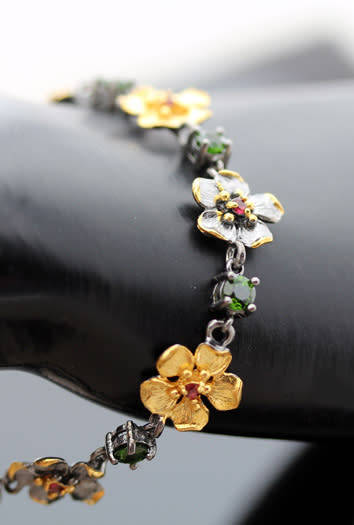 STERLING SILVER BRACELET WITH NATURAL CHROME DIOPSIDE & PINK TOURMALINE GEMSTONES