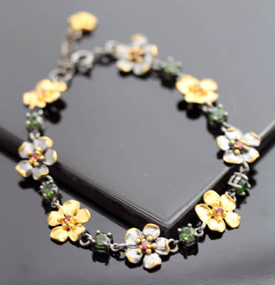 STERLING SILVER BRACELET WITH NATURAL CHROME DIOPSIDE & PINK TOURMALINE GEMSTONES