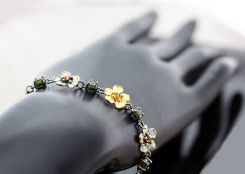 STERLING SILVER BRACELET WITH NATURAL CHROME DIOPSIDE & PINK TOURMALINE GEMSTONES