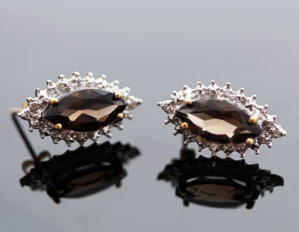 VINTAGE MARQUISE CUT SMOKY QUARTZ 9CT GOLD STUD EARRINGS WITH DIAMOND ACCENTS. 375